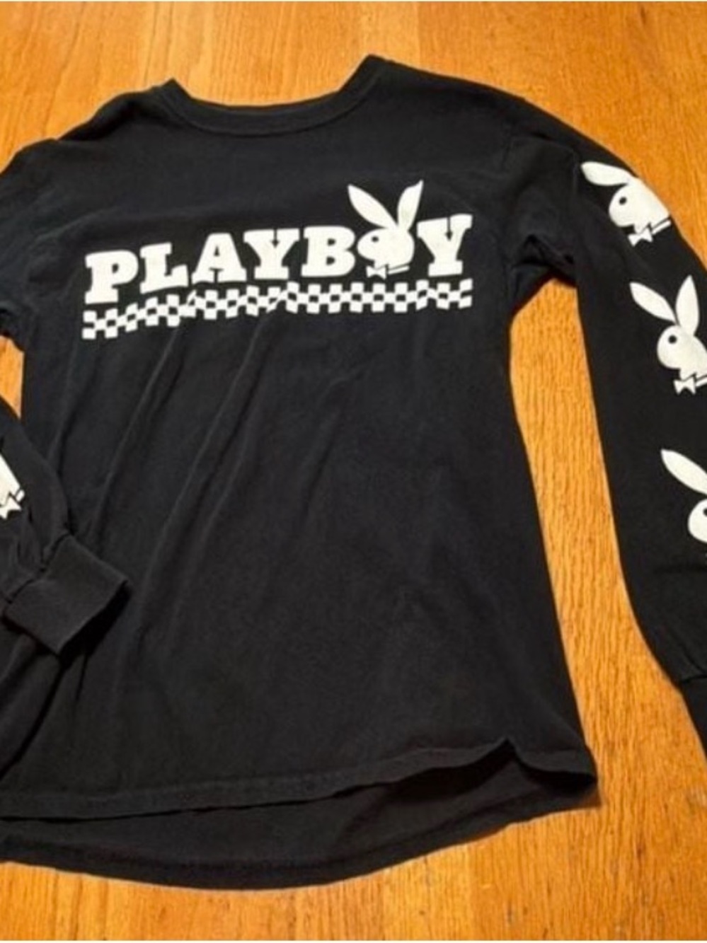 PLAYBOY Black Long-Sleeve Logo Tee with Bunny Sleeve Graphics